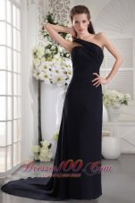 Chiffon Black One Shoulder Brush Train Prom / Graduation Dress