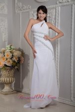 White One Shoulder Beading Brush Train Prom Dress Evening