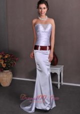 Ruched Bodice Elastic Woven Satin Sashed Brush Prom Celebrity Dress