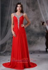 Scoop Beaded Red Chiffon Prom Evening Dress