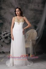 White V-neck Straps Brush Chiffon Wedding Dress Beaded