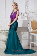 Peacock Green and Purple Mermaid V-neck Prom Dress Ruched