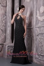 Sexy Beaded Black Evening Dress High-neck Keyhole Open