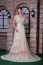 Champagne Prom Dress V-neck Chiffon and Lace Beading