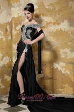 Black Asymmetrical Shoulder Chapel Train Chiffon Prom Celebrity Dress