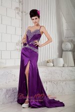 Eggplant Purple Evening Dress One Shoulder Beaded Slit