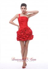 Red One Shoulder Hand Flowers Mini-length Cocktail Dress
