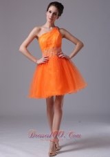 Orange One Shoulder Mini-length Cocktail Dress Asymmetrical