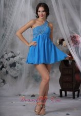 One Shoulder Unique Back Chiffon Blue Prom / Cocktail Dress