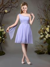 Shining One Shoulder Lavender Sleeveless Mini Length Beading and Ruching Zipper Dama Dress for Quinceanera