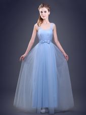 Tulle Straps Sleeveless Lace Up Ruching and Bowknot Damas Dress in Light Blue