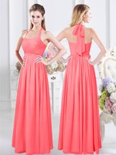 Trendy Watermelon Red Halter Top Neckline Ruching Quinceanera Dama Dress Sleeveless Zipper