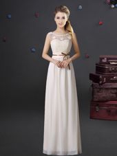 Popular Scoop See Through Floor Length White Quinceanera Court of Honor Dress Chiffon Sleeveless Lace and Appliques and Belt
