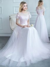 Free and Easy Scoop White Short Sleeves Sweep Train Lace and Belt Dama Dress for Quinceanera