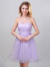 Beautiful Halter Top Sleeveless Tulle Mini Length Lace Up Vestidos de Damas in Lavender for with Lace and Appliques and Belt