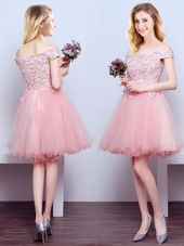 Off the Shoulder Pink Sleeveless Mini Length Beading and Lace Lace Up Vestidos de Damas
