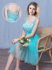 Discount Aqua Blue Sleeveless Knee Length Lace and Appliques and Bowknot Lace Up Dama Dress for Quinceanera