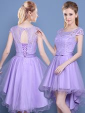 Affordable Scoop Cap Sleeves High Low Lace Lace Up Vestidos de Damas with Lavender