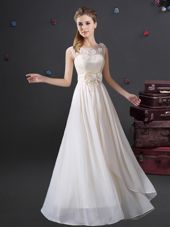Dramatic White Empire Chiffon Scoop Sleeveless Lace and Appliques and Bowknot Floor Length Zipper Dama Dress for Quinceanera