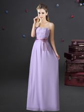 Fine Lavender Quinceanera Court of Honor Dress Prom and Party and Wedding Party and For with Lace and Appliques and Belt Sweetheart Sleeveless Lace Up