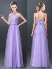 Lavender Tulle Lace Up Halter Top Sleeveless Floor Length Vestidos de Damas Lace and Appliques
