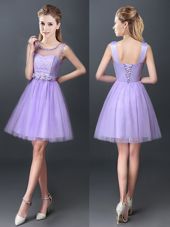Scoop Mini Length Lavender Dama Dress for Quinceanera Tulle Sleeveless Lace