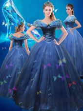 Dynamic Cinderella Off The Shoulder Sleeveless Sweet 16 Quinceanera Dress Floor Length Beading and Bowknot Navy Blue Tulle