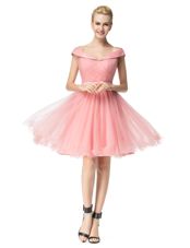 Charming Pink Off The Shoulder Zipper Belt Party Dresses Cap Sleeves