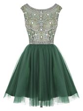Scoop Sleeveless Prom Evening Gown Mini Length Beading and Appliques Peacock Green Tulle