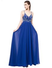 Sweet Spaghetti Straps Sleeveless Homecoming Dress With Train Sweep Train Beading Royal Blue Chiffon