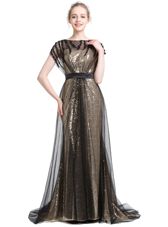 Black Tulle Zipper Prom Party Dress Short Sleeves With Brush Train Beading