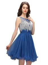 Hot Selling Blue Sleeveless Beading Knee Length Evening Outfits