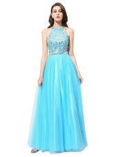 Scoop Aqua Blue Sleeveless Tulle Zipper Womens Evening Dresses for Prom and Party