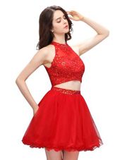 Customized Mini Length Coral Red Prom Gown High-neck Sleeveless Zipper