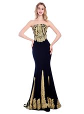 Luxury Mermaid Black Zipper Prom Dress Appliques Sleeveless With Train Sweep Train