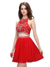 Mini Length Red Prom Evening Gown Scoop Sleeveless Zipper