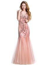 Vintage Mermaid Peach Lace Up Beading Sleeveless Floor Length