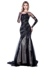 Court Train Mermaid Black Bateau Tulle Long Sleeves With Train Zipper