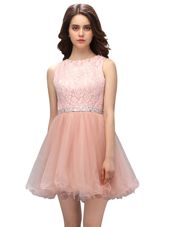 Scoop Sleeveless Prom Dresses Mini Length Beading and Lace Peach Organza