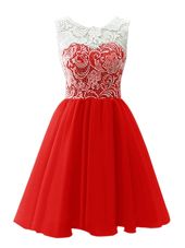 Scoop Sleeveless Prom Evening Gown Mini Length Lace Red Chiffon
