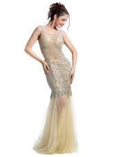 Best Selling Mermaid Champagne Tulle Backless Prom Gown Sleeveless Floor Length Beading