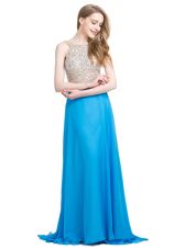 Excellent Scoop With Train Column/Sheath Sleeveless Blue Evening Dresses Brush Train Zipper
