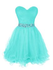 Sleeveless Organza Mini Length Zipper Prom Party Dress in Turquoise for with Beading and Ruffled Layers