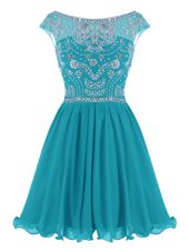 Suitable Scoop Mini Length Zipper Prom Evening Gown Teal and In for Prom and Party with Beading