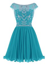 Suitable Scoop Mini Length Zipper Prom Evening Gown Teal and In for Prom and Party with Beading