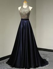 Exquisite Navy Blue Column/Sheath Halter Top Sleeveless Satin With Brush Train Backless Beading Formal Evening Gowns
