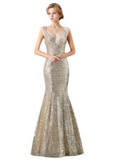 Mermaid Sleeveless Floor Length Sequins Zipper Juniors Evening Dress with Champagne
