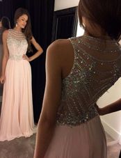 Chic Scoop With Train Column/Sheath Sleeveless Pink Prom Dresses Brush Train Side Zipper
