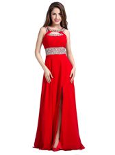 Suitable Silk Like Satin Square Sleeveless Zipper Beading Prom Gown in Red