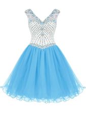 Organza V-neck Sleeveless Zipper Beading Dress for Prom in Baby Blue